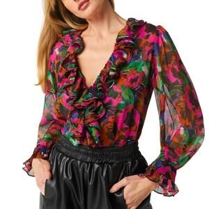 Misa Florence Top Long Sleeve Ruffle V-Neck Blouse Jewel Flora Multicolor NWT XS